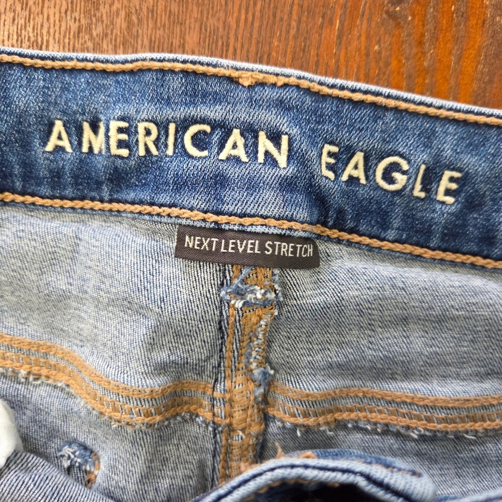 American Eagle Bootcut Jeans Mid Rise Raw Hem Stretch Medium‎ Wash - Picture 5 of 11